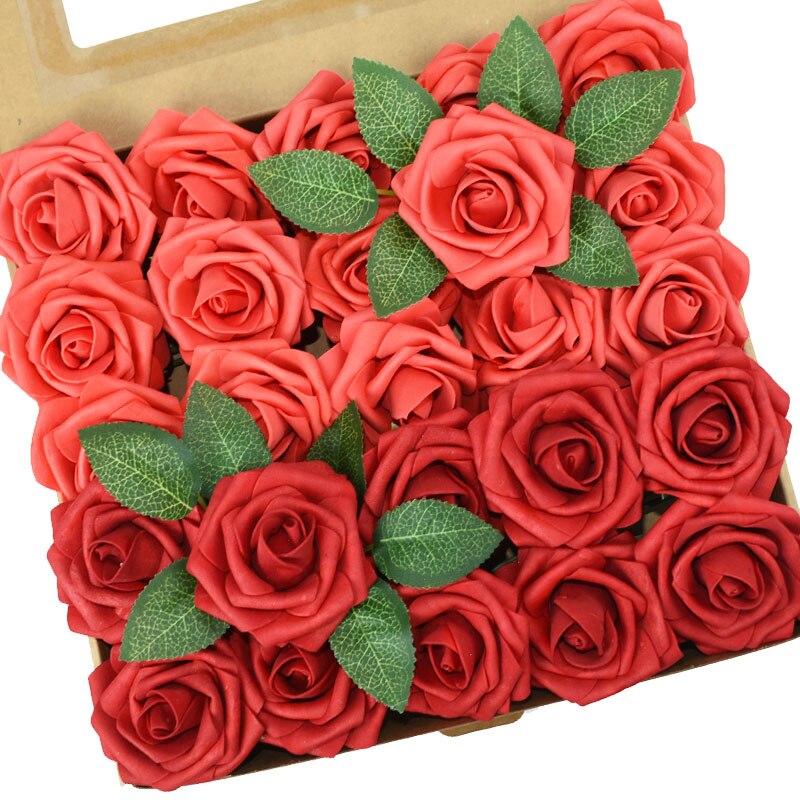 25 Pièces/boîte Mousse Artificielle Rose Fleurs avec des Feuilles Bouquets De Mariée De mariage De Décoration De Jardin de Partie Fausse Fleur BRICOLAGE Artisanat