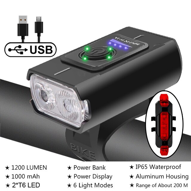 NEWBOLER-faro delantero para bicicleta de montaña, linterna de 1200 lúmenes, batería externa de 5200mAh, recargable vía USB, resistente al agua IPX5: NB-LIG505B