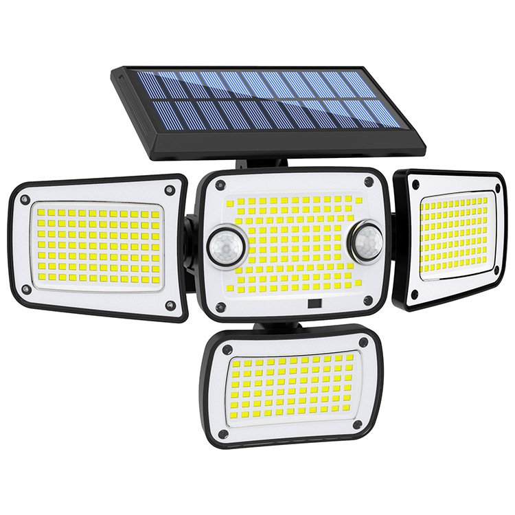 Solar buitenverlichting met 346/342 led's en 4 koppen, inclusief bewegingssensor, breedstralende beveiligingsschijnwerpers voor buiten, tuin, garage en parkeerplaats.