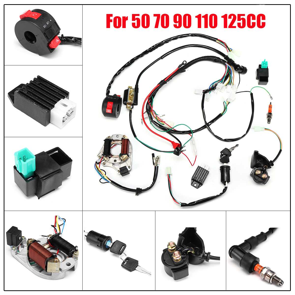 ATV Ignition Electric Complete Wiring Harness Assembly Start Engine Wiring Harness Loom CDI Box Ignition For 50 70 90 110 125CC