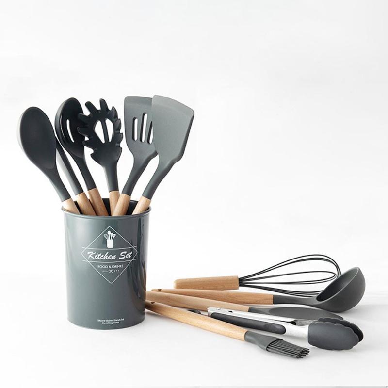 12 st silikon köksredskap köksredskap set värmebeständigt kök non-stick bakverktyg av trähandtag med förvaringslåda