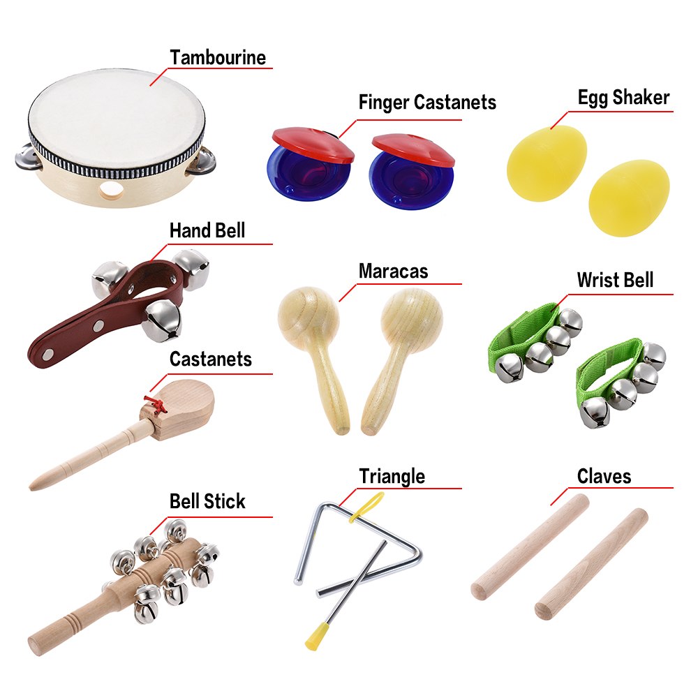 10 piezas instrumentos musicales de percusión de juguete Kit ritmo banda incluyendo pandereta Maracas triángulo castañuelas muñeca Bell para bebé
