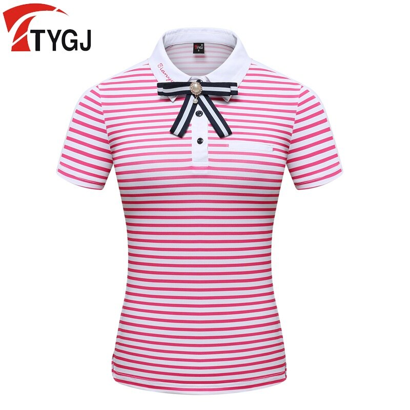 Kvinder stribet golf-t-shirt sommer kortærmet åndbar t-shirt damer hurtigtørrende slank sportstøj golfbeklædning  d0802: Med sløjfe / M