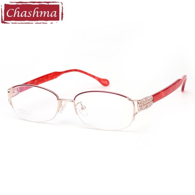 Chashma-Gafas ópticas con montura de titanio puro para mujer, Lentes ópticas de , montura de , Gafas ligeras con diamantes de imitación: Gold with Red