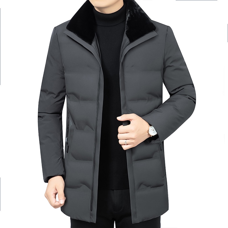 Mænd vinterparka mellemlang behåret på kraven varm jakke outwear vindtæt frakke turn-down krave plus str. 5xl