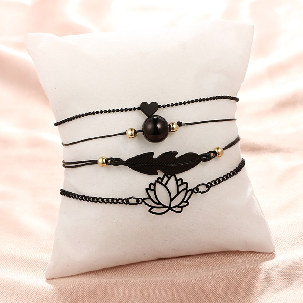 Böhmen Blatt Knoten Hand Manschette Kette Charme Armbinde Schwarz Liebe Herz Durchbrochene Lotus Ball Blätter Armbinde 4 teile/satz FB