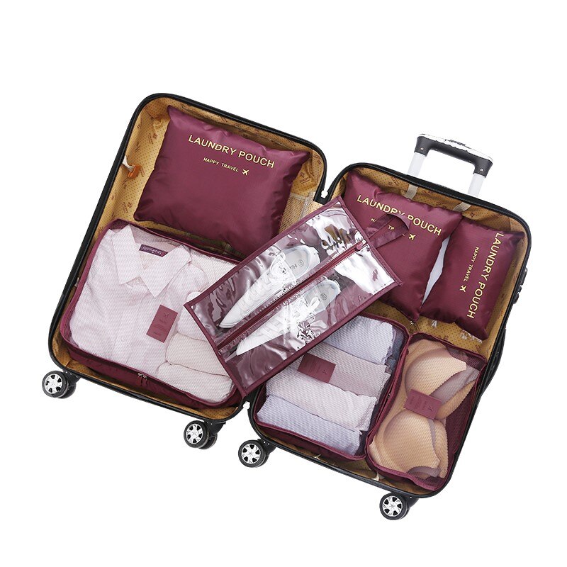 Aankomst Verpakking Kubus Reistas 7 stks/set Oxford Doek Reizen Netje hand bagage Reistas: Wine red