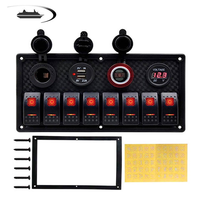 6/8 Gang interrupteur à bascule panneau pour voiture bateau RV Marine camion fusible panneaux étanche voltmètre numérique double USB chargeur Ports DC 12V