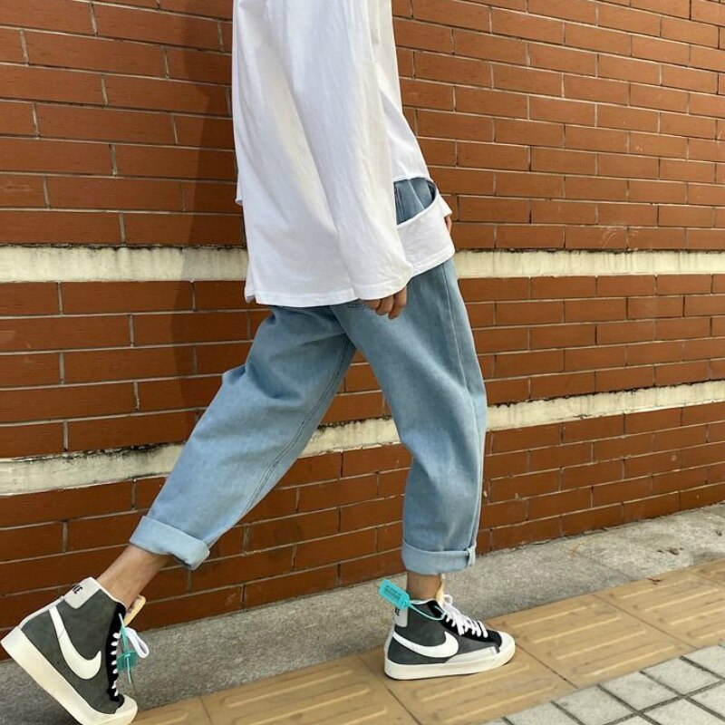 Jeans mænd solid snøre fritid ankellang fritid chic herre plus size lige denimbukser matchende streetwear ulzzang
