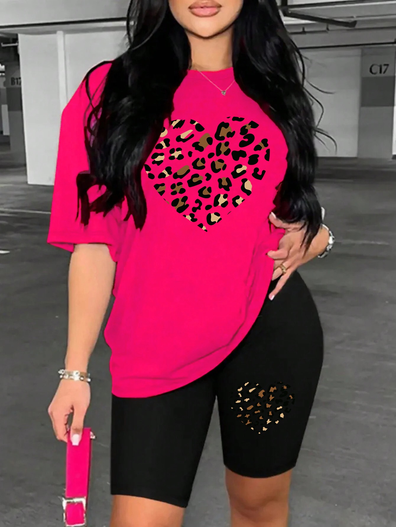 Zweiteiliges Damen-einstellen mit Leopardenmuster, hohles Herzmuster, bequemes, atmungsaktives Kurzarm-kurze Hose-einstellen, tägliche, vielseitige kurze Hose-setzt: XL / Hellgrün