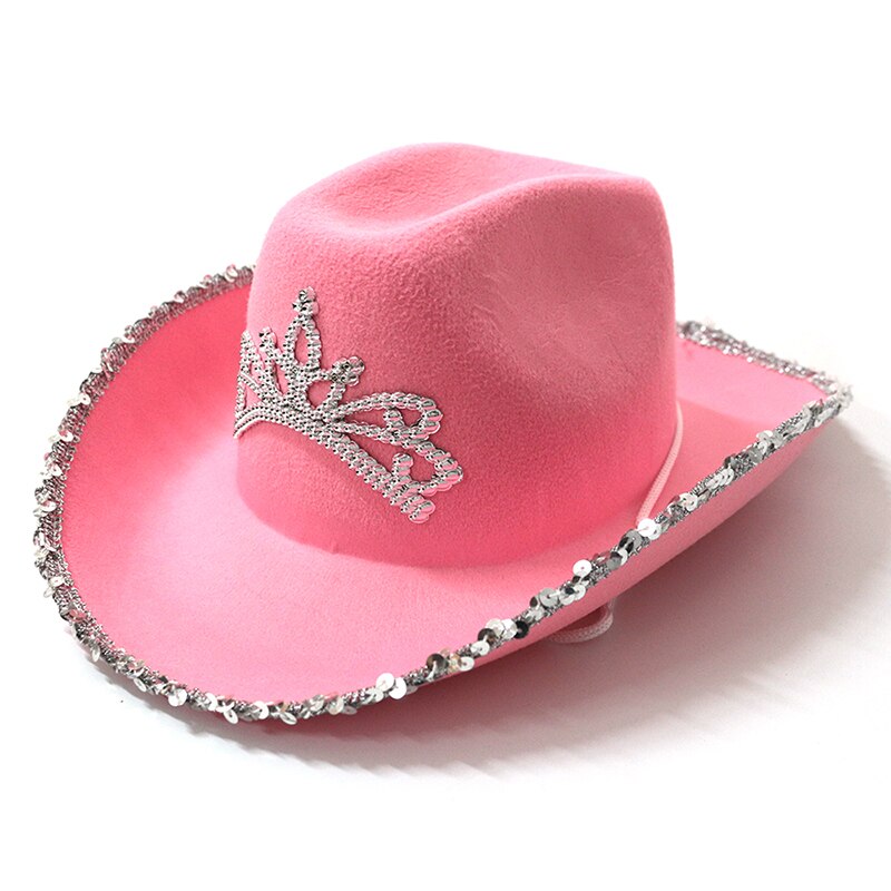 Western Cowboy Hat Pink Women's Bucket Hat Cowgirl Cap with Sparkly Sequins Tiara Decor Costume Funny Party Hats