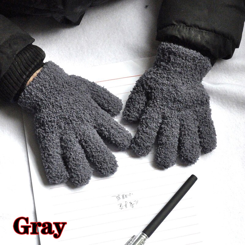 Winter Warm Plus Velvet Thick Gloves Cute Winter Kids Gloves Coral Fleece Children Plush Full Finger Keep Warm Solid Gloves: Gray
