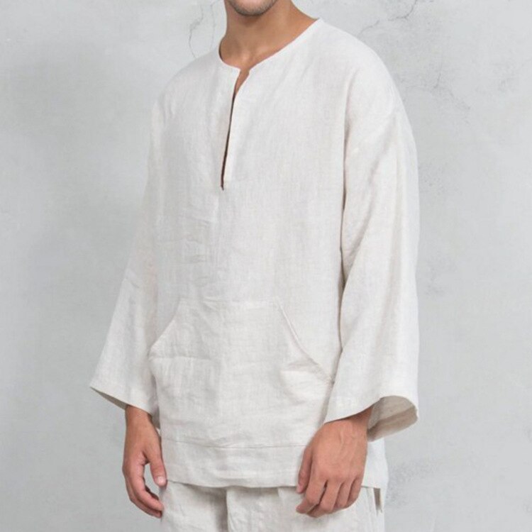 Effen Chinese Stijl Kleding Voor Mannen Lange Mouw Linnen Kung Fu Outfit Leisure Losse T-shirt Tang Tops Oosterse Kostuums Shirts