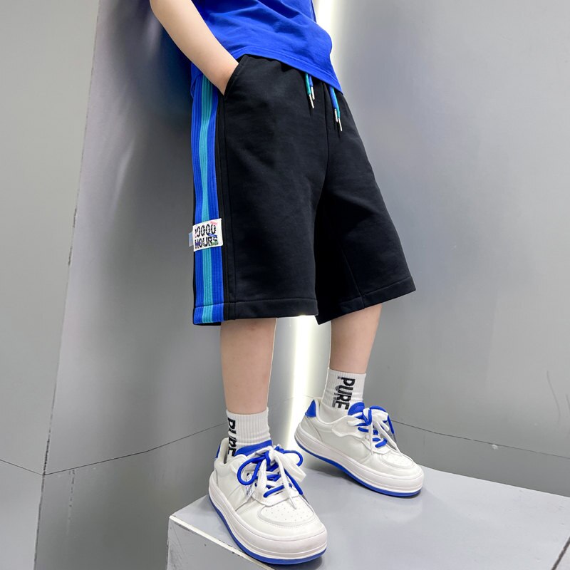 Pantaloncini per ragazzi di grandi dimensioni pantaloni sportivi allentati in cotone Casual per adolescenti estivi abbigliamento per bambini pantaloni a righe laterali in vita elastica 5-14 anni: Black / 14
