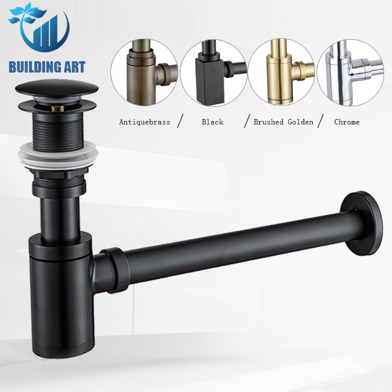 Brushed Gold Brass Pop-Up Basin Waste Drain, Basin Mixer P-Trap Waste Pipe Into The Wall Drainage Brass Vessel Or Ceramic Sink