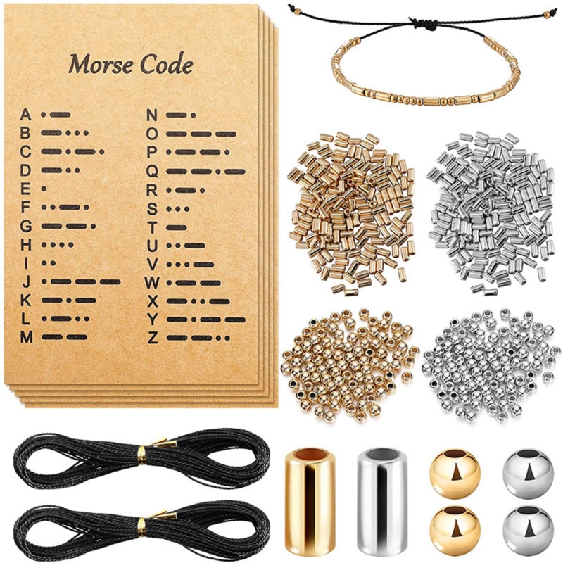 DIY Morse Code Bracelet Making Kit 400 Round Spacer Beads 400 Long Tube Beads 20 Morse Code Decoding Card 1Roll Wax Line