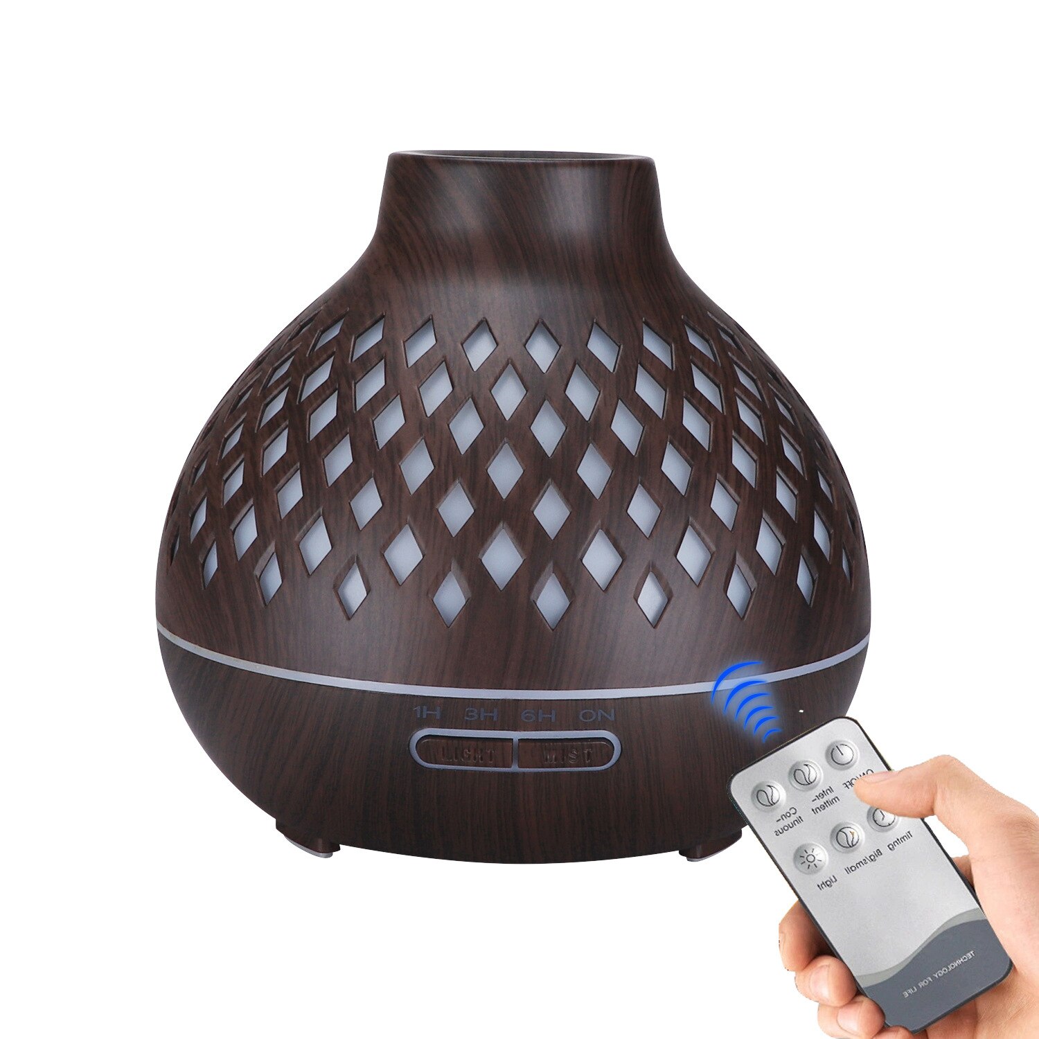 Afstandsbediening aroma diffuser luchtbevochtiger 400ml ultrasone koele mist etherische olie diffuser led-licht aromatherapie diffuser: Donkere houtnerf / Vk
