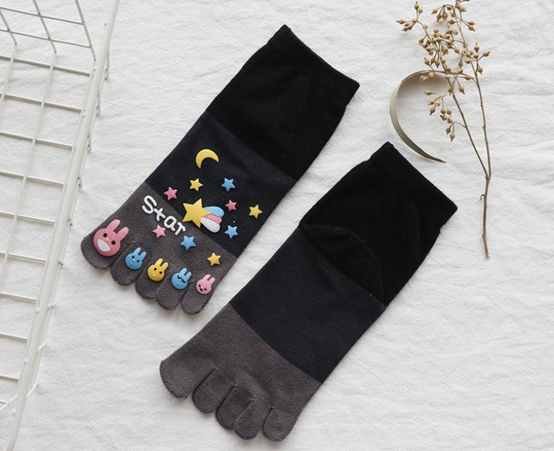 1 Paar Leuke Enkel Vijf Vinger Sokken Vrouw Katoenen Sterrenhemel Printing Mode Harajuku Meisje No Show Sokken Met Tenen: Black