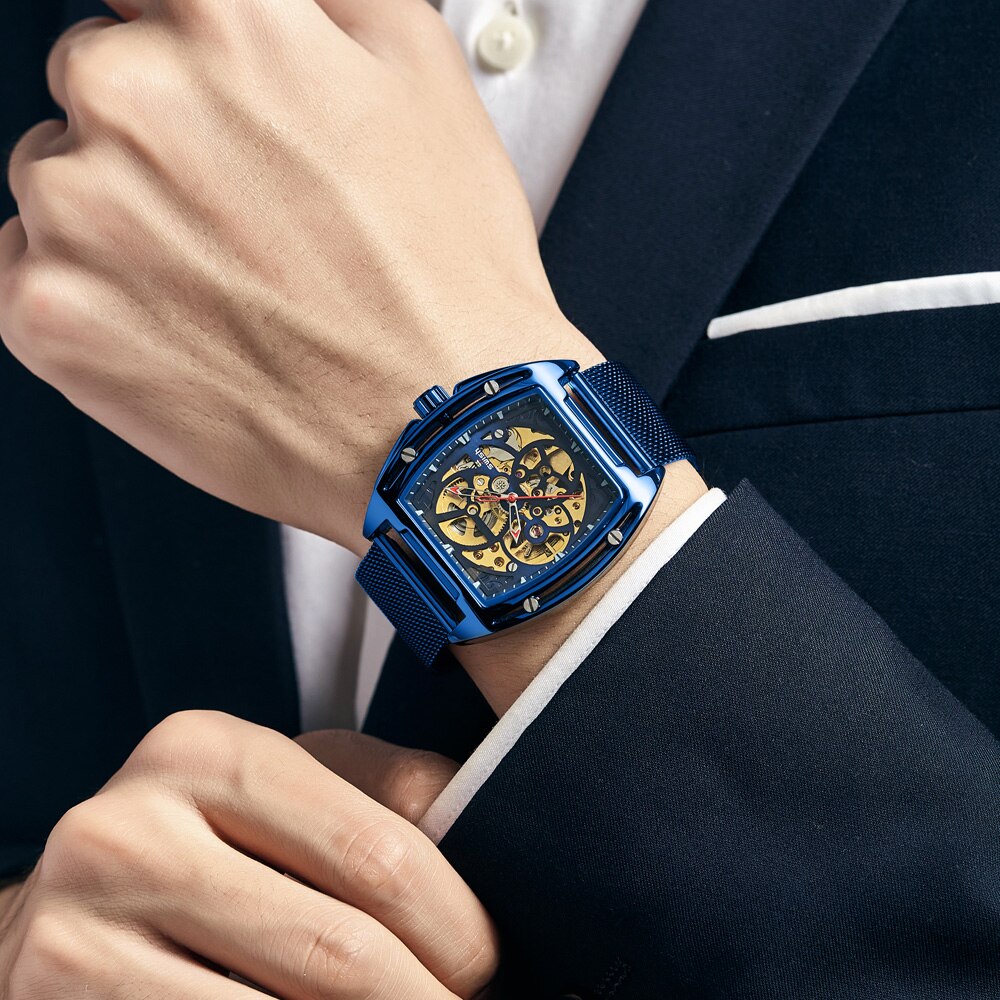Luxe Mechanische Mannen Horloges Automatische Blauw Horloge Man Rvs Waterdichte Business Sport Mechanische Horloge