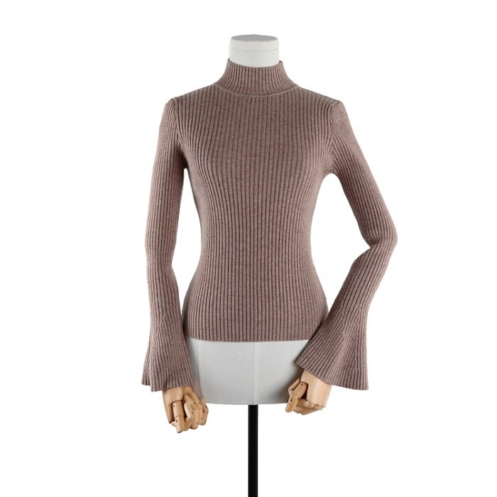 Vintage bell sweater kvinder retro halvhøj hals flare ærme pullover jumper kvindelig elastisk slank talje strikkede trøjer