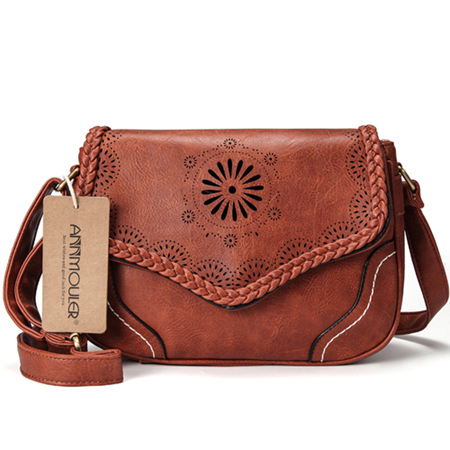 Annmouler Frauen Schulter Tasche Vintage Pu Leder Umhängetasche Aushöhlen Damen Satchel Tasche Braun Retro Handtasche für Mädchen: Dark Khaki