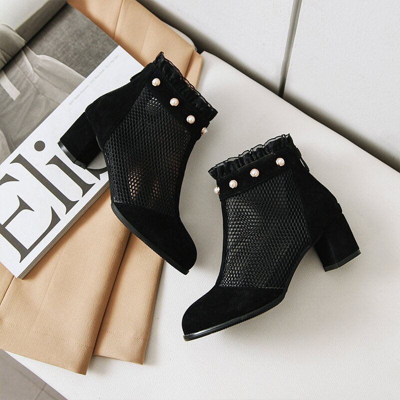 Jk 2019 novo verão/primavera grosso med calcanhar calçado feminino malha babados ankle boots pérola botas dedo do pé redondo com zíper sapatos mulher
