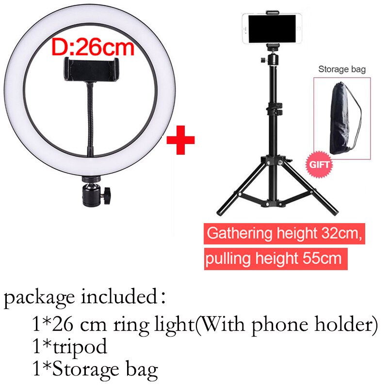 20Cm/26Cm Led Selfie Ring Licht Fotografie Ringlicht Voor Make Video Met Dimbare Statief Telefoon Stand Lamp cirkel Licht Invullen: 26CM PTZ and Tripod