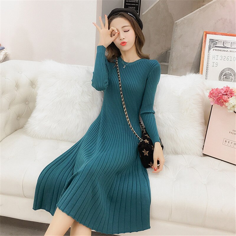 Women Spring Autumn knitted Dress simple Slim Female render Dress Temperament Long sleeve long Dresses QZ022: blue