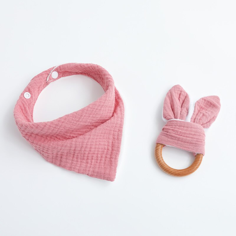 2 Stks/set Baby Jongen Meisje Driehoekige Sjaal Speeksel Tissue Molars Ring Houten Bijtring Set Katoenen Mousseline Slabbetjes Effen Kleur Burp doek: dark pink