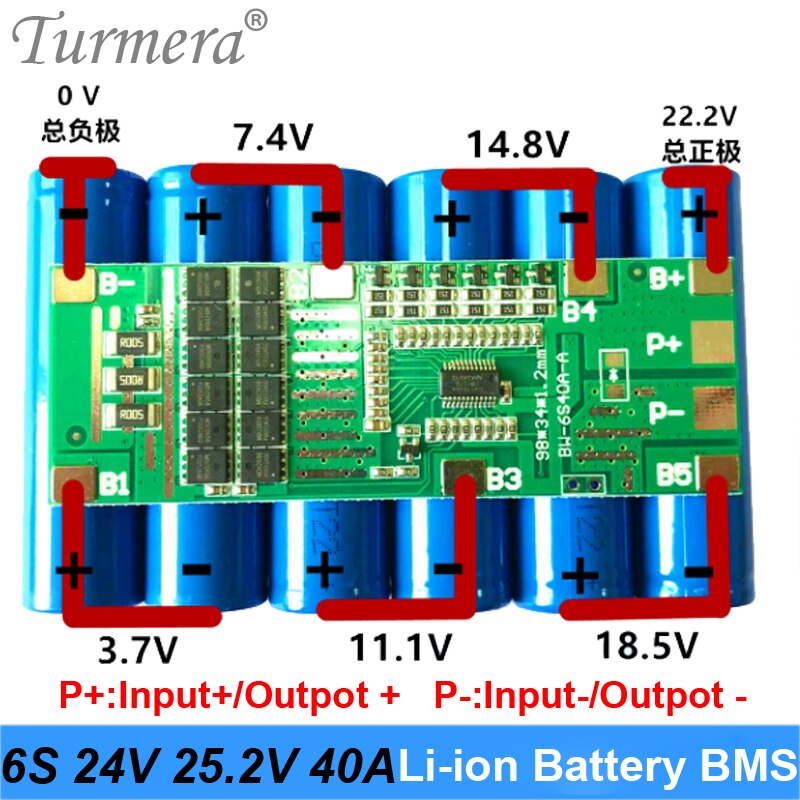 Turmera 6S 24V 10A 40A Bms 18650 Lithium Batterij Protected Board Met Balans Voor 25V Schroevendraaier Batterij en E-Bike Batterij Gebruik