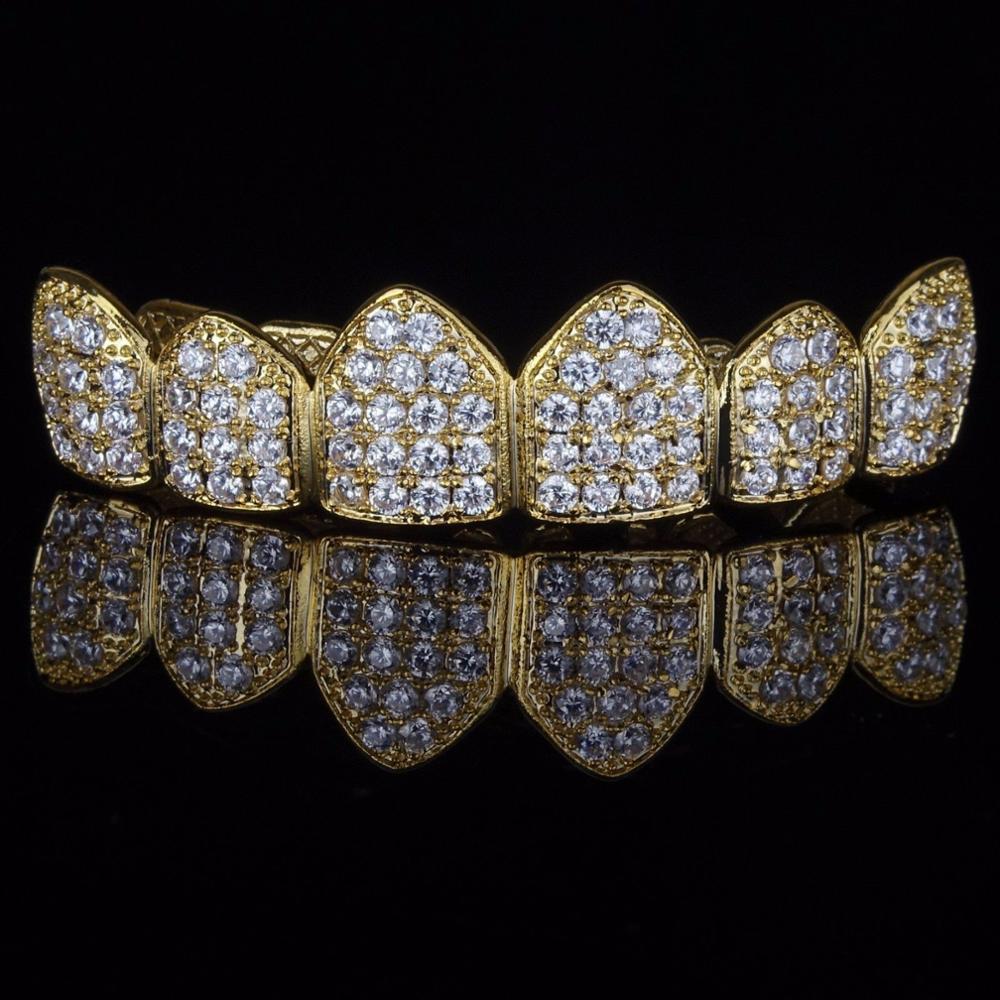 Hip Hop Micro Verharde Bling Zirconia Iced Out Tanden Grillzs Top & Bottom Set Dental Grills Mannen Sieraden goud Zilver Kleur