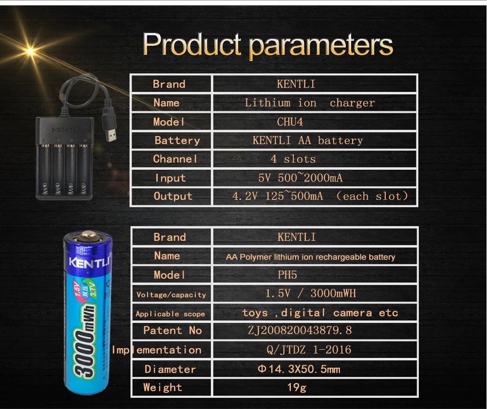 Kentli 1.5v aa 3000 mwh lithium li-ion genopladeligt batteri batterier  /4 slots polymer lithium li-ion batterioplader
