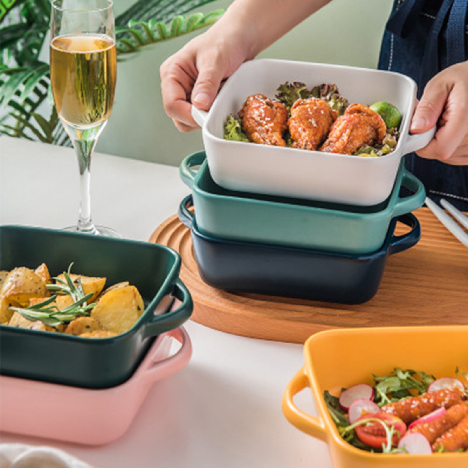 Ceramic color glazed binaural baking tray Simple pasta baked rice tray Barbecue grilled meat cheese tray Kitchen cooking tools