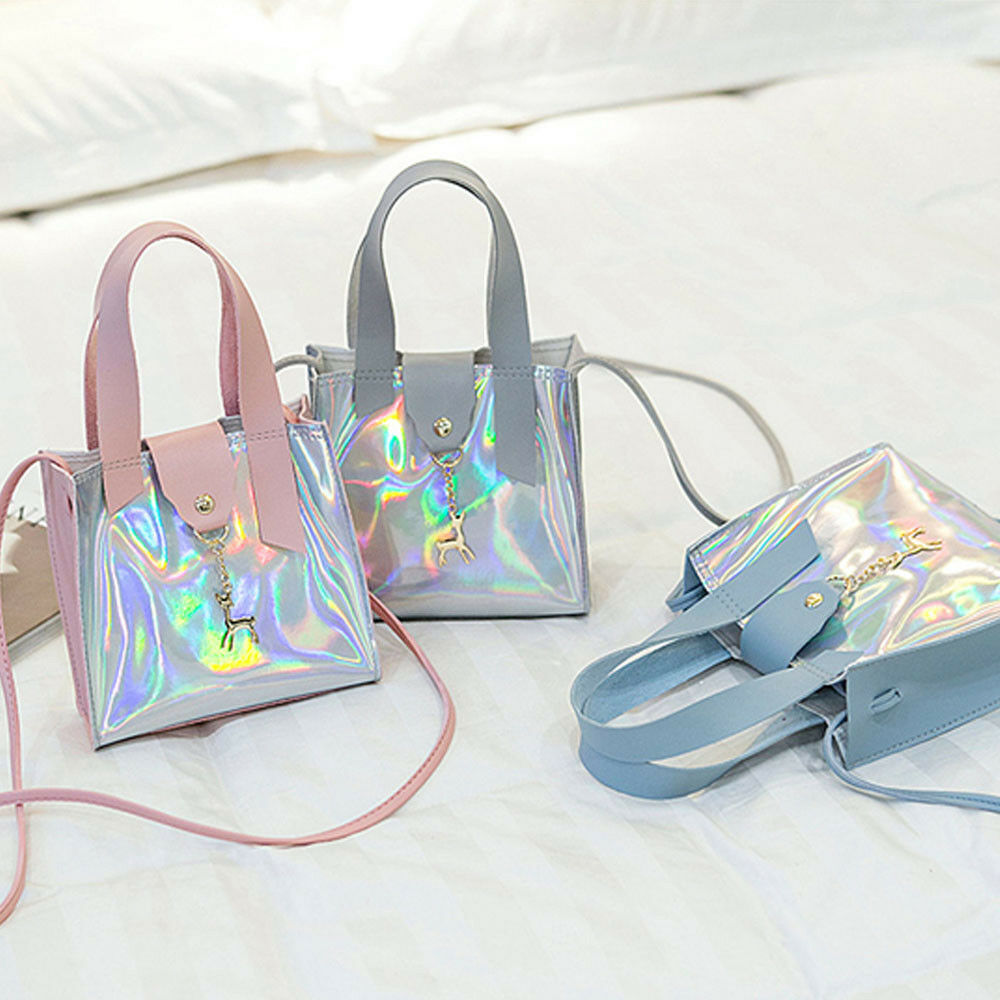 Women's PVC Holographic Bag Clear Transparent Small Tote Hologram Handbag Purse