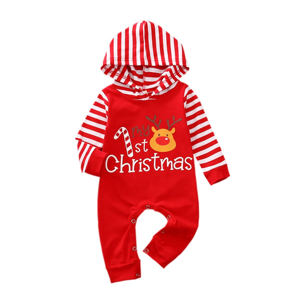 Nyfødt spædbarn baby drenge piger jule jumpsuits hættehals stribe lange ærmer tegneserie lang romper overall tøj: -en / 12m