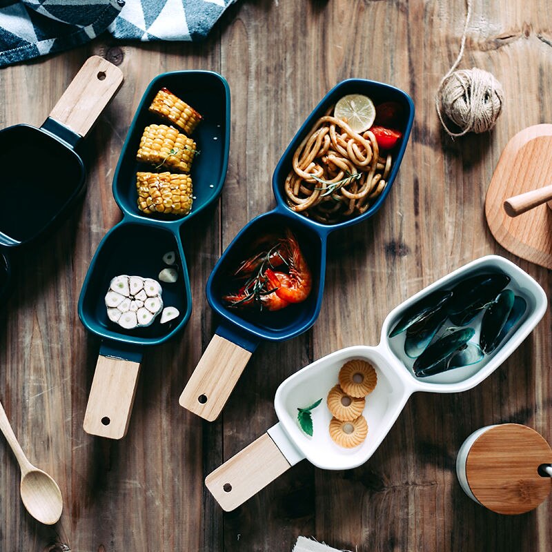 Ceramic divided bowl matte two-grid handle bowl salad bowl wooden handle dessert fruit bowl children's breakfast bowl