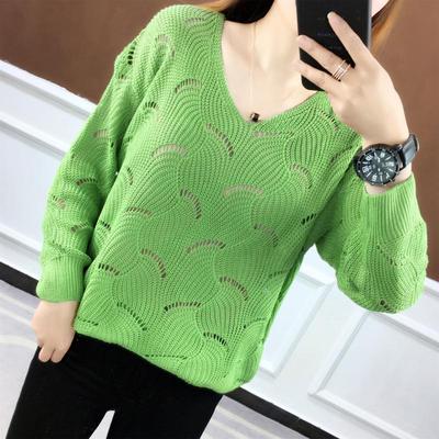 Suéter fino de verano para mujer, informal, liso, con agujeros, manga larga, cuello en v, prendas de punto sueltas, suéteres de punto: Verde