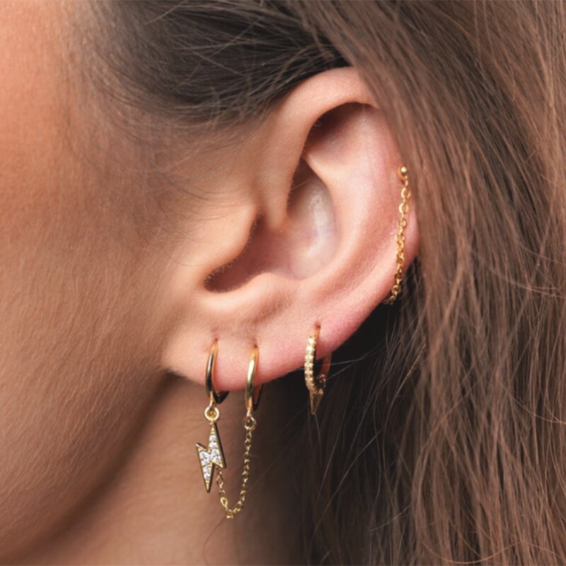 BOAKO-pendientes de aro de doble círculo para mujer, de Plata de Ley 925, Clips de cadena en pendientes, aros de seguridad, anillo colgante de circonita relámpago, joyería para mujer, 1 unidad