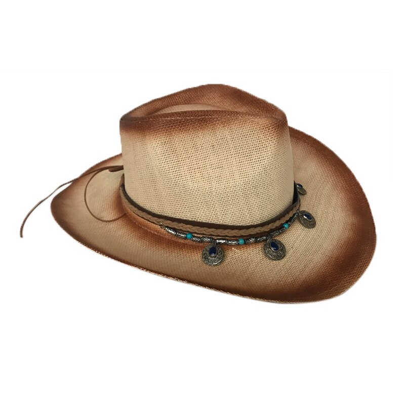 YY Beauty-Gorra de Metal con pajilla de pavo real para mujer, gorro de vaquero occidental transpirable, sombrero de Jazz para montar a caballo, gorra con visera ancha CM19023