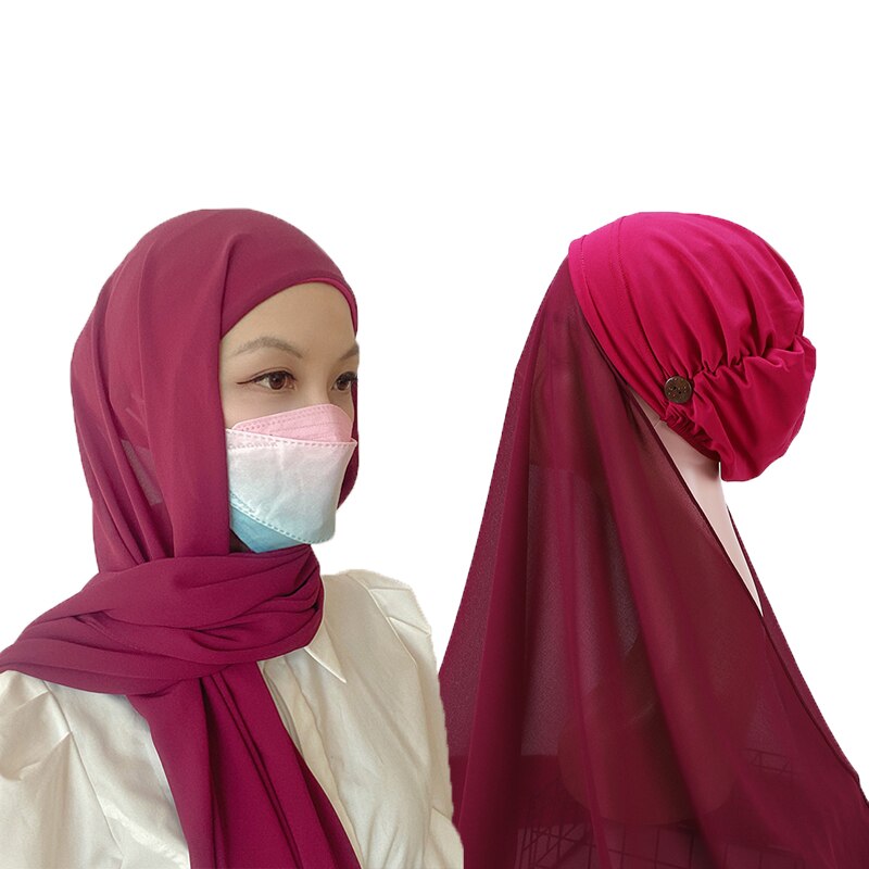 Instant Hijabs Women Bonnet With Chiffon Shawl With buttons Easy to Wear masks Stretch Hijab Cover Headwrap: color 3