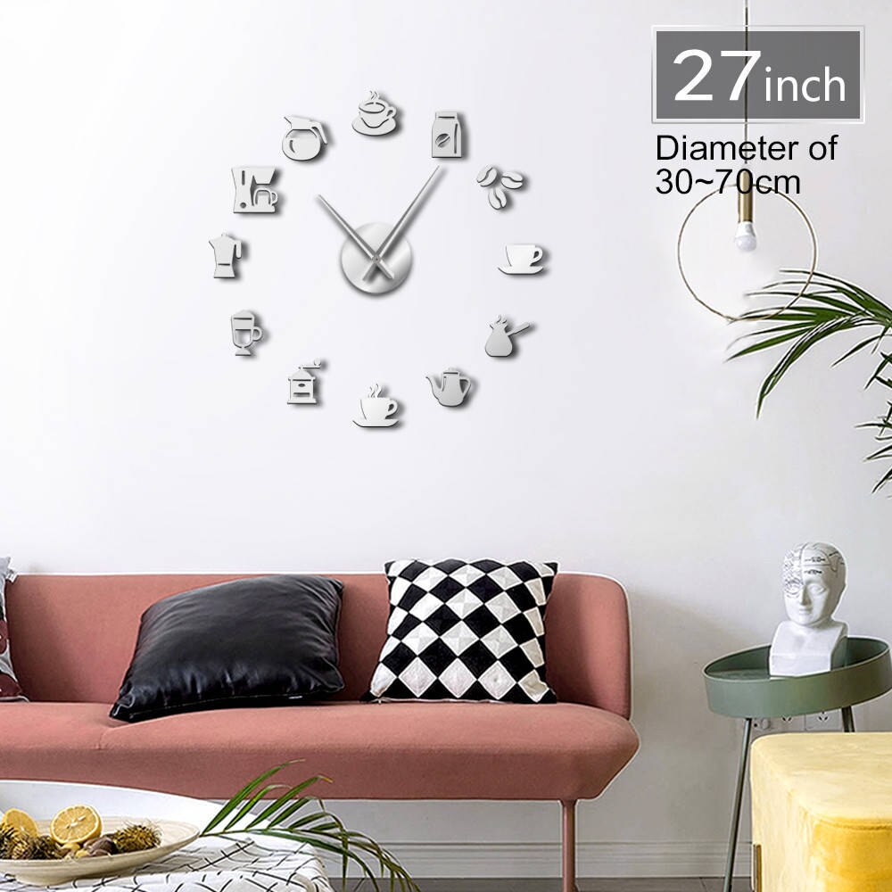 Coffee Signs Modern Kitchen Clock 3D DIY Size Adjustable Wall Clock Watch Quartz Acrylic Mirror Sticker Coffee Bean Clock