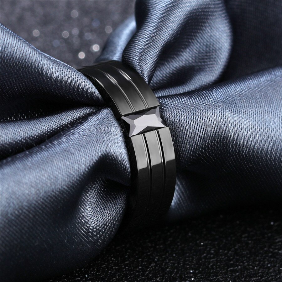 XQNI Full Black Stainless Steel Rings For Men With Zircon & Groove 6MM Width Male Boy Ring Jewelry Birthday Party