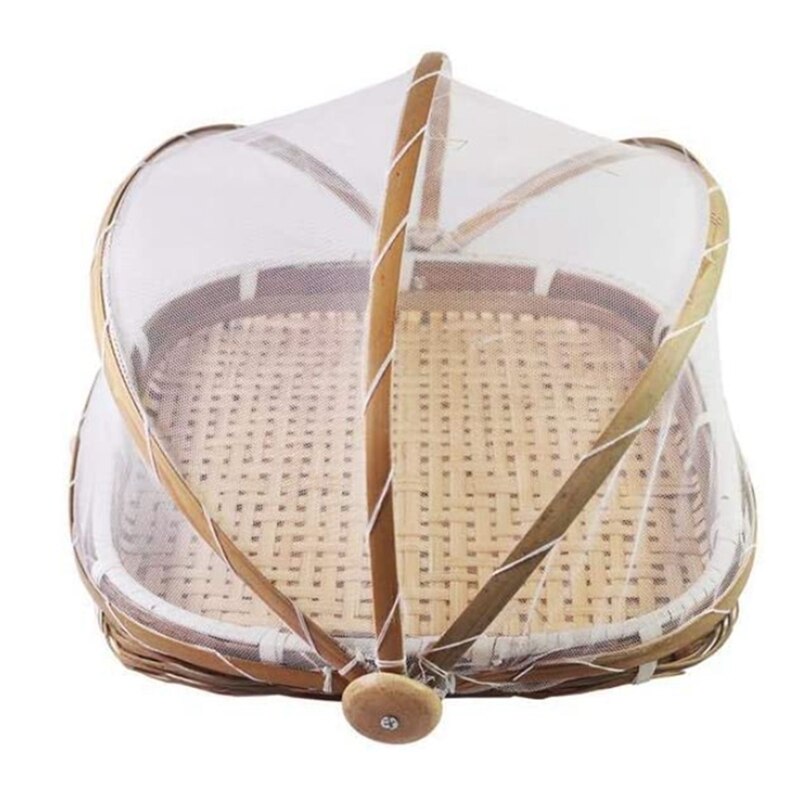 Hand-Woven Food Basket, Bamboo Food Tent Basket, Food Tent Basket with Net Gauze Cover,Outdoor Bread Basket: Wood color 2