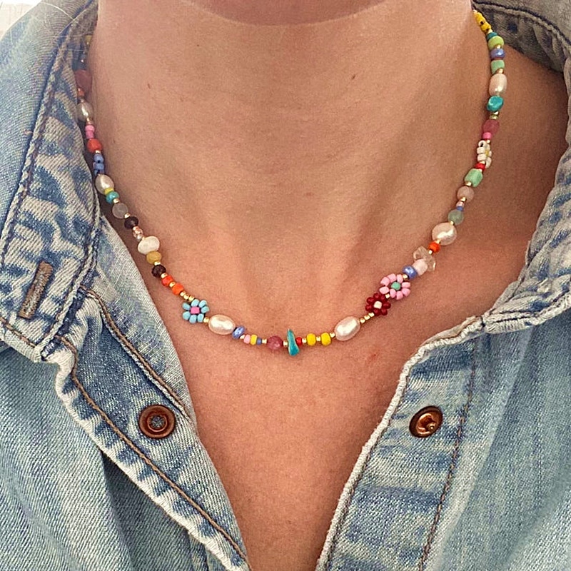 Natural Pearl Necklace for Women Colorful Natural Beaded Choker Exquisite Handmade Jewelry