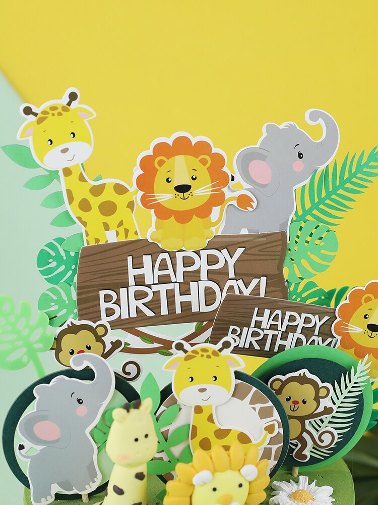 Jungle Animals Cactus Cake Toppers Happy Birthday Decorations For Children's Day Boy Girl Party Baking Sweet LoveGifts Supplies