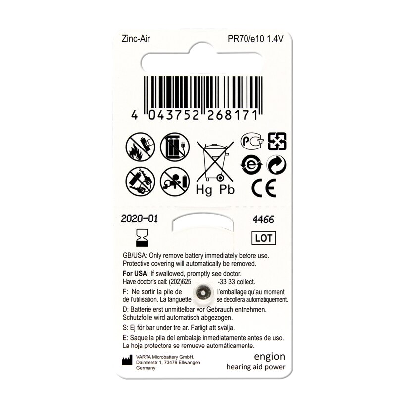 60Pcs Engion Hoge Prestaties Gehoorapparaat Batterijen A10 10A ZA10 PR70 S10 Zink Air 1.4V Hoortoestel Batterij
