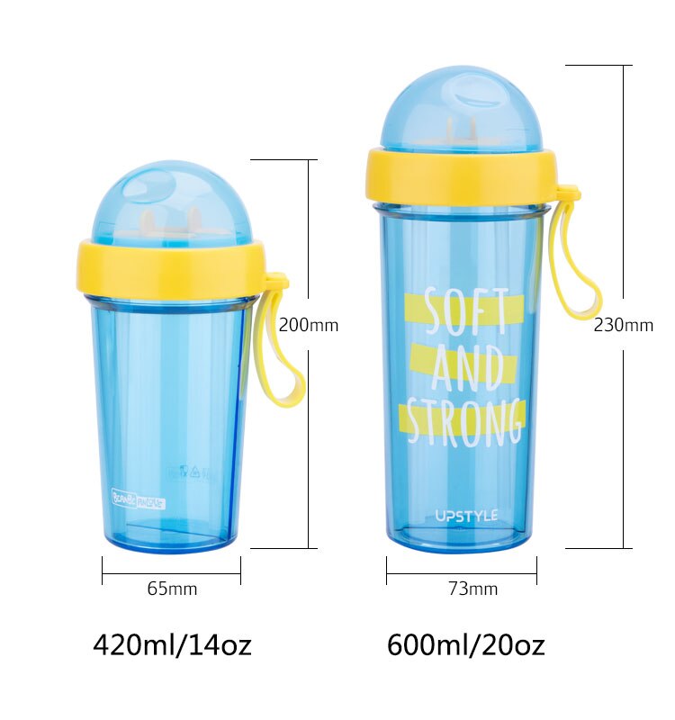 Dubbelfunktions plast shaker flaska protein vattenflaska med sugrör för gym