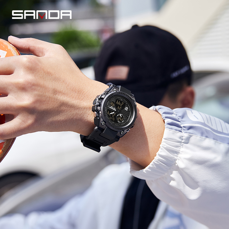 Reloj electrónico SANDA 739 para hombre, cronómetro de cuenta regresiva doble de lujo, resistente al agua, deportivo, Digital, luminoso, batería Original japonesa