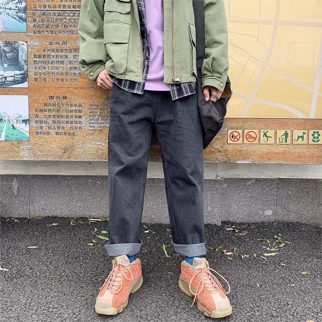Lappster mænd baggy oversize jeans bukser denim herre hip hop harem bukser vintage casual kvinder denim bukser lige bukser: Sort grå / Xl