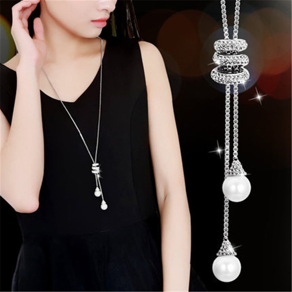 Sweater Coat Necklaces Ladies Girls Charm Crystal Pearls Pendant Necklace Long Sweater Chain for Womens Jewelry